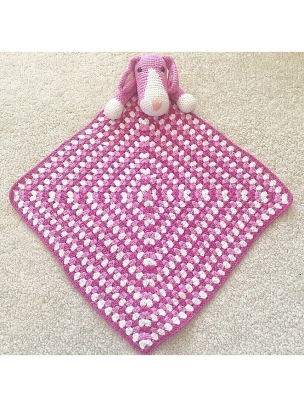 Pink Puppy Dog Crochet Lovey Burgundy Plush Security Blanket White Girl Handmade